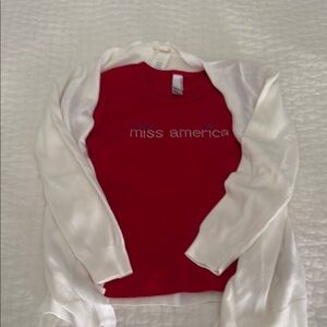American Apparel Miss America Red Tee w/ White & Blue Accents + White Cardigan